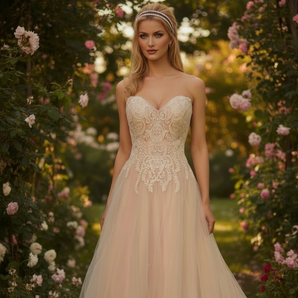 Strapless Lace Appliqué Wedding Dress in Blush